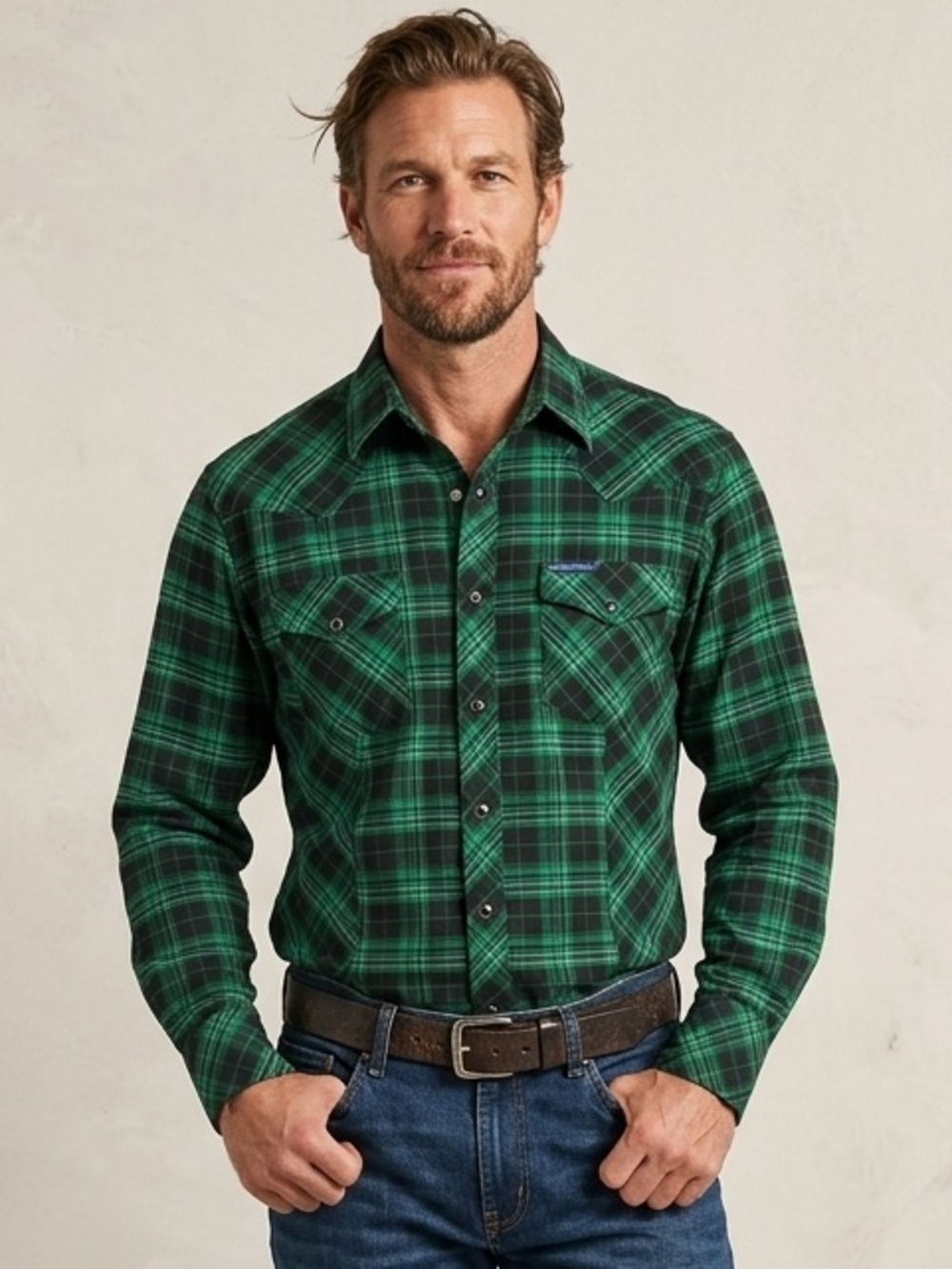 Rough Stock Men’s Green Plaid Button-Down Shirt L
